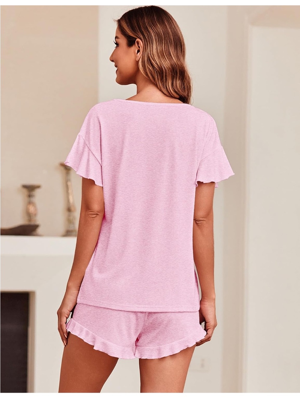 Light Pink Ruffle Sleeve & Short Pajama Set - Picture 2 of 5